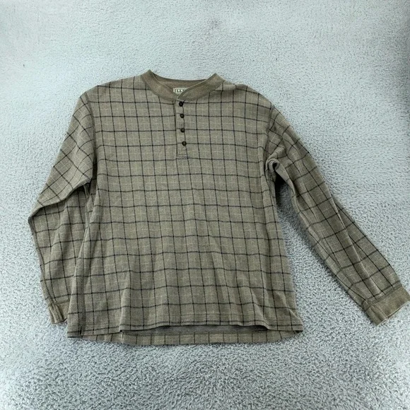 L.L. Bean Henley Shirt Mens Large Gray Windowpane Thermal Long Sleeve Made USA - Picture 2 of 7